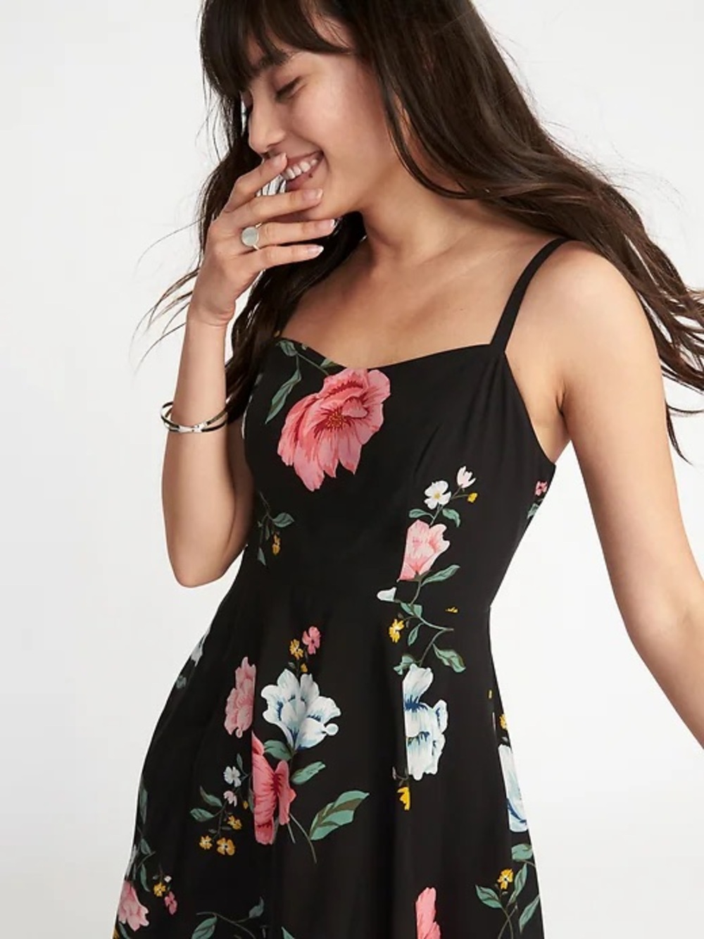 NWT Old Navy Fit & Flare Striped Cami Midi Black Floral M
